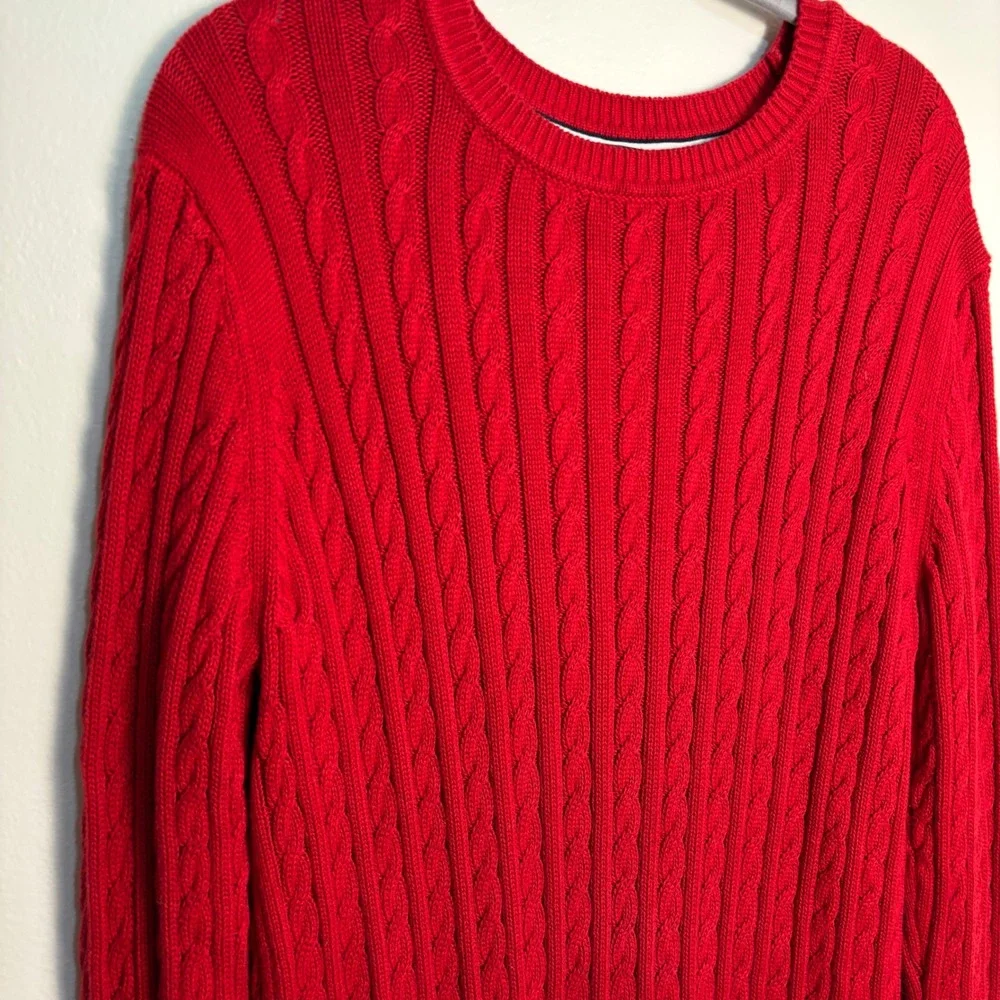 Tommy Hilfiger XL Cable Knit Sweater 100% Cotton Red Striped Preppy Fisherman